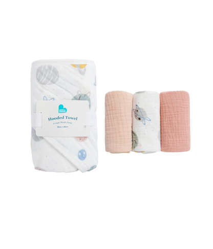 Kit Banho Bebê - Toalha com Capuz e Paninhos - Rosa e Branco Foguete