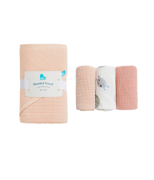 Kit Banho Bebê - Toalha com Capuz e Paninhos - Rosa Blush