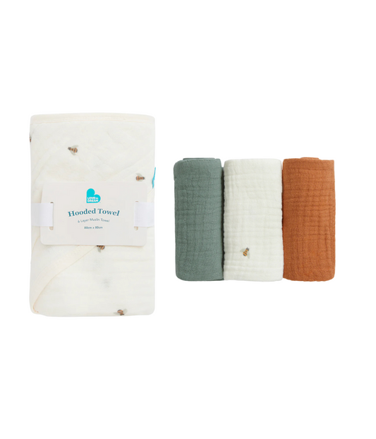Kit Banho Bebê - Toalha com Capuz e Paninhos - Verde Sálvia e Creme